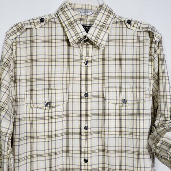 Express Mens Shirt Size Medium 15-15.5 Fitted Yellow Plaid Button Front Pockets - Picture 3 of 10